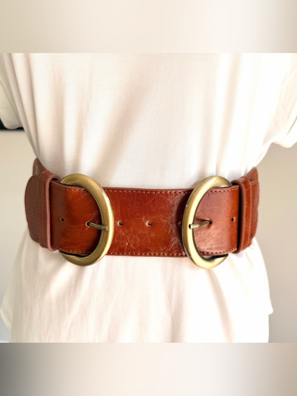 Cognac Double Buckle Wide Stretch Belt S/M Brass Tone Boho Western